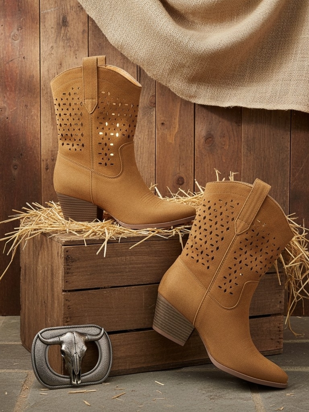 Saloon By J. Adams Western, Perforated Brown Mid-Heel Booties